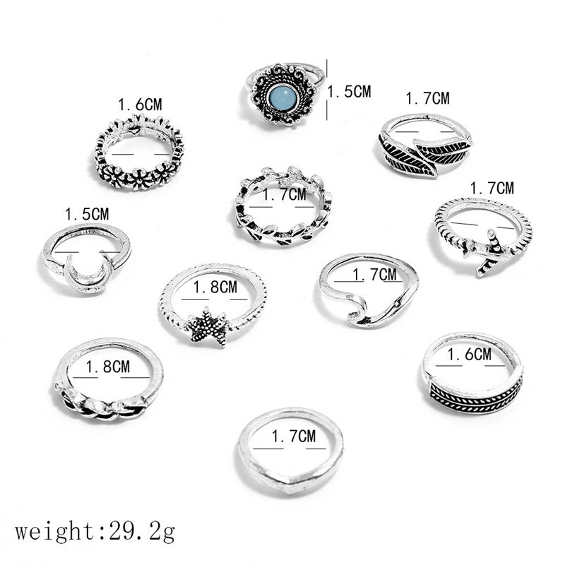 11pcs / Set Cincin Desain Bunga Pesawat Bintang Laut Daun Bulan Untuk Aksesoris Perhiasan Wanita