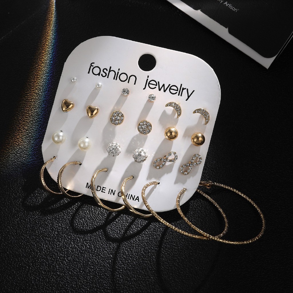 12 Pasang / Set Anting Stud Rumbai Kristal Mutiara Gaya Elegan Untuk Wanita