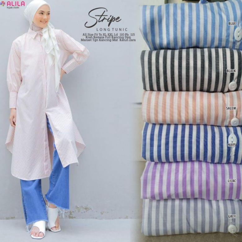 LNO.26Au22ғ ◦ Stripe Long Tunic Bahan Katun Import Ori ALILA/Tunik Katun Import Motif Salur Garis-Ga