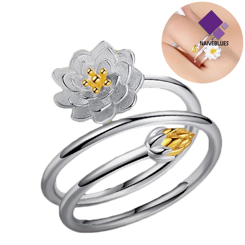 Naiveblue &gt; Cincin Terbuka Adjustable Motif Bunga Teratai Mekar Aksen Hollow Untuk Perhiasan Wanita / Pernikahan