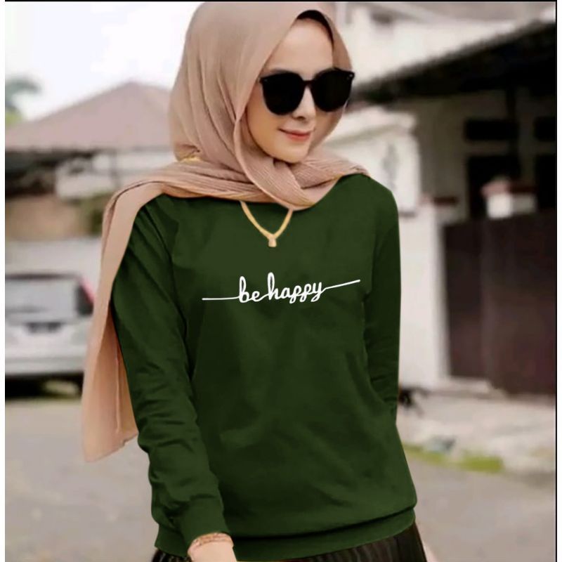 Baju Lengan Panjang wanita BE HAPPY Kaos Distro Keren Baju kekinian/bahan adem