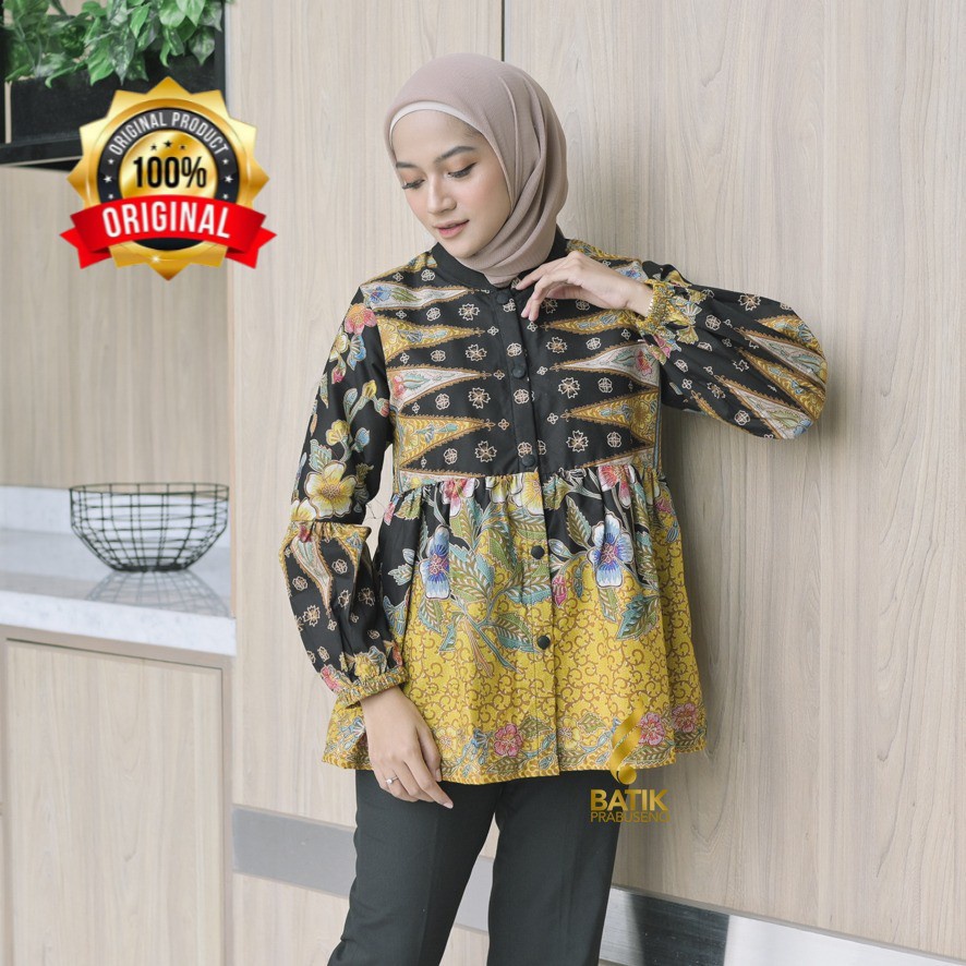Batik Prabuseno Motif KAYLA Blouse Atasan Baju Batik Wanita Lengan Panjang Modern Jumbo Original Pra