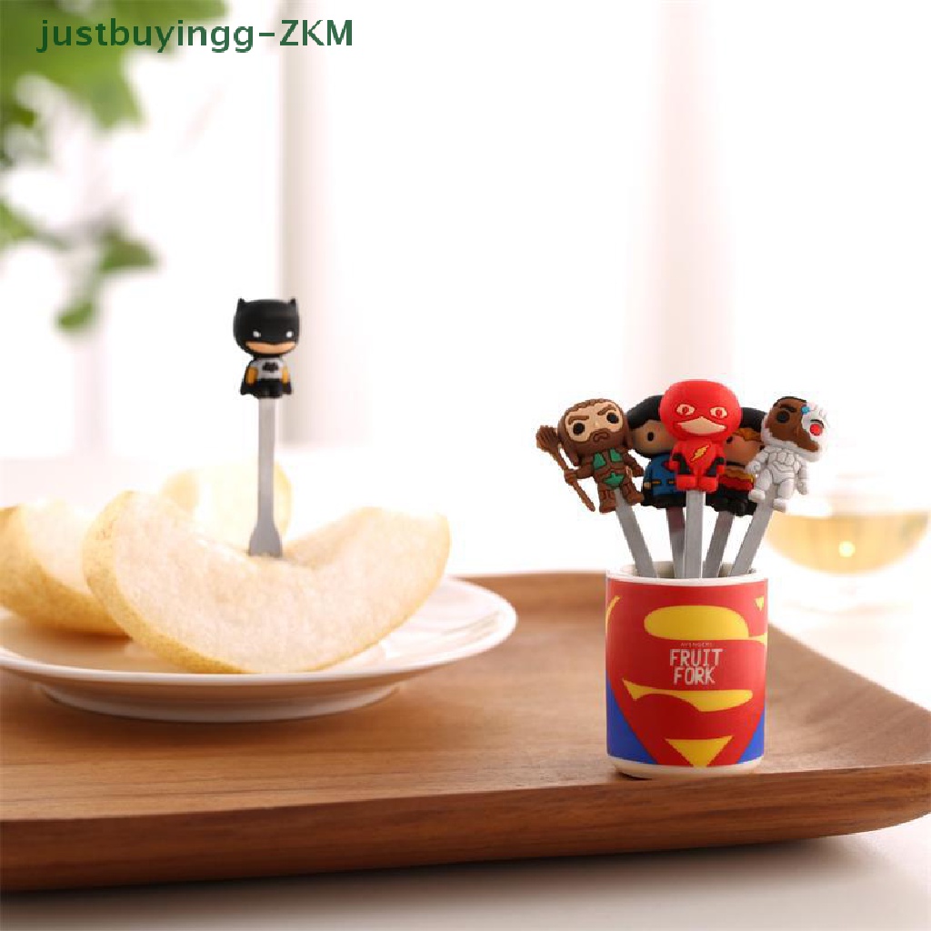 6 Pcs / Set Garpu Buah / Dessert Bahan Stainless Steel Desain Kartun Hero Dengan Holder