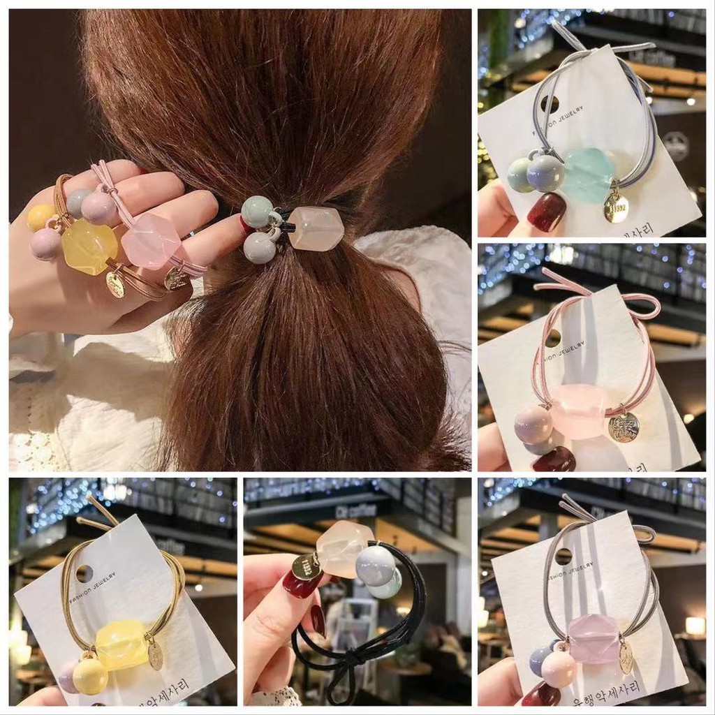 Ikat Rambut Korea Aksen Manik-Manik Warna Permen Untuk Wanita / Ikat Rambut Ala Korea Import