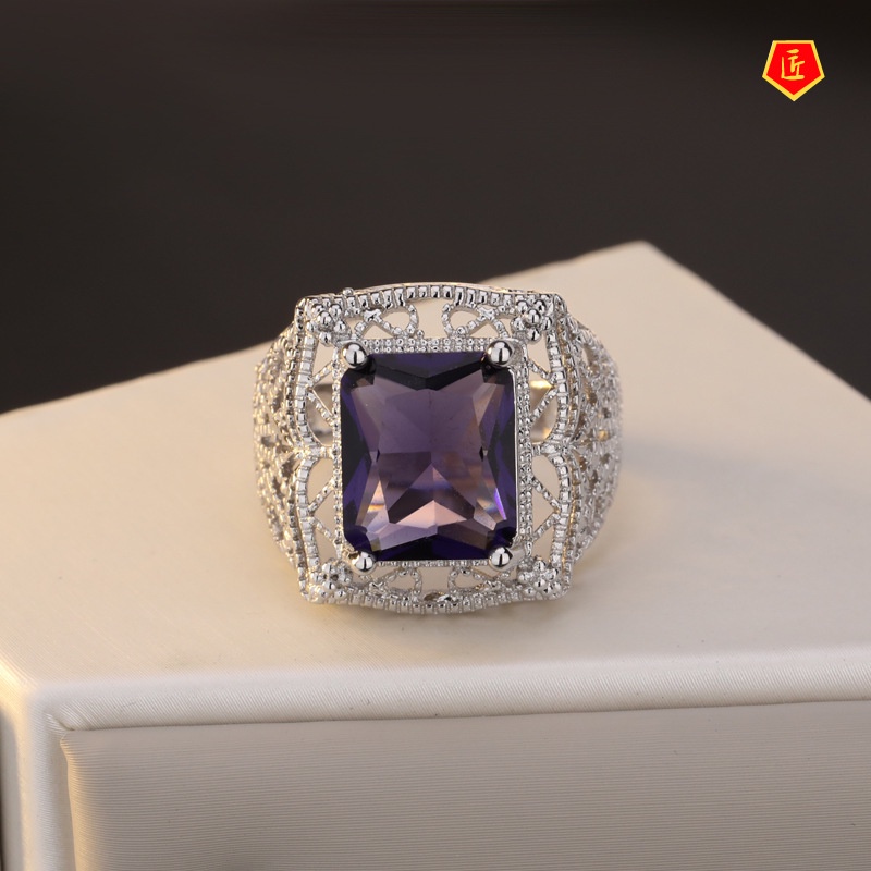 [Ready Stock]Elegant Vintage Hollow Silver Pink Diamond Amethyst Topaz Ring