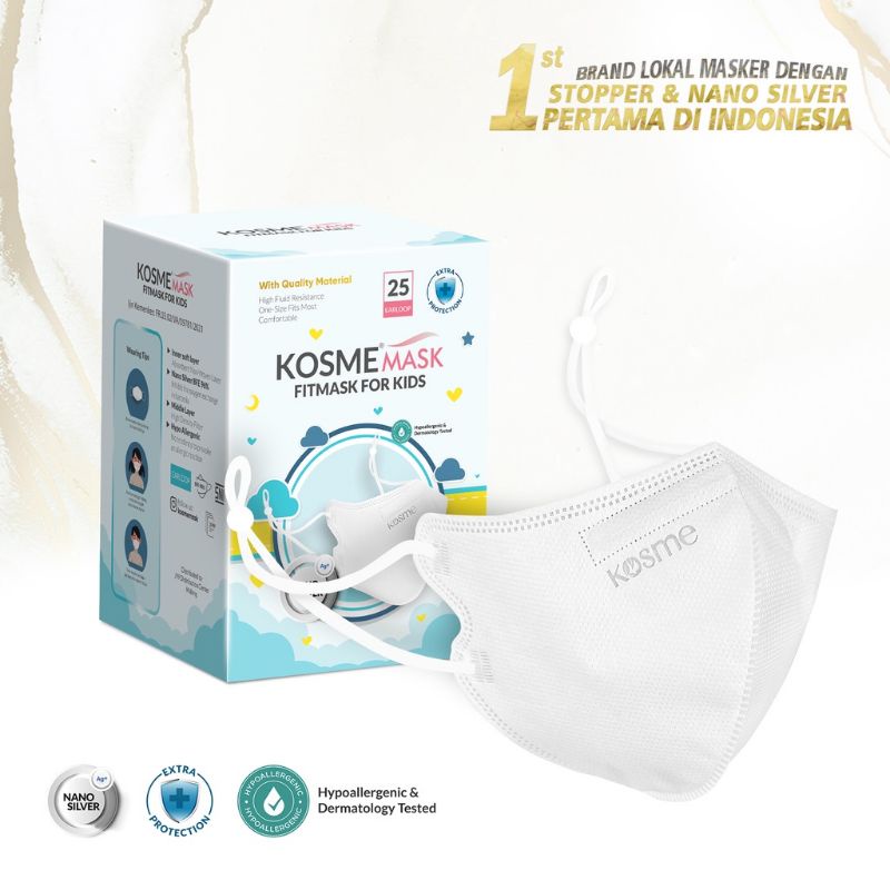 25PCS MASKER ANAK EARLOOP TALI STOPPER ADJUSTABLE WARNA PUTIH POLOS DUCKBILL ANAK 3PLY FITMASK