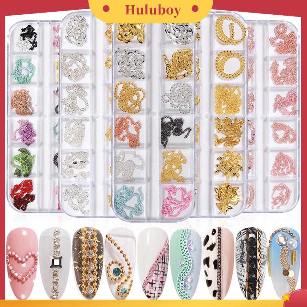 Huluboy Huluboy♡ 12pcs / Set Ornamen Rantai Berlian Imitasi 3D Bahan Metal Untuk Dekorasi Kuku Wanita