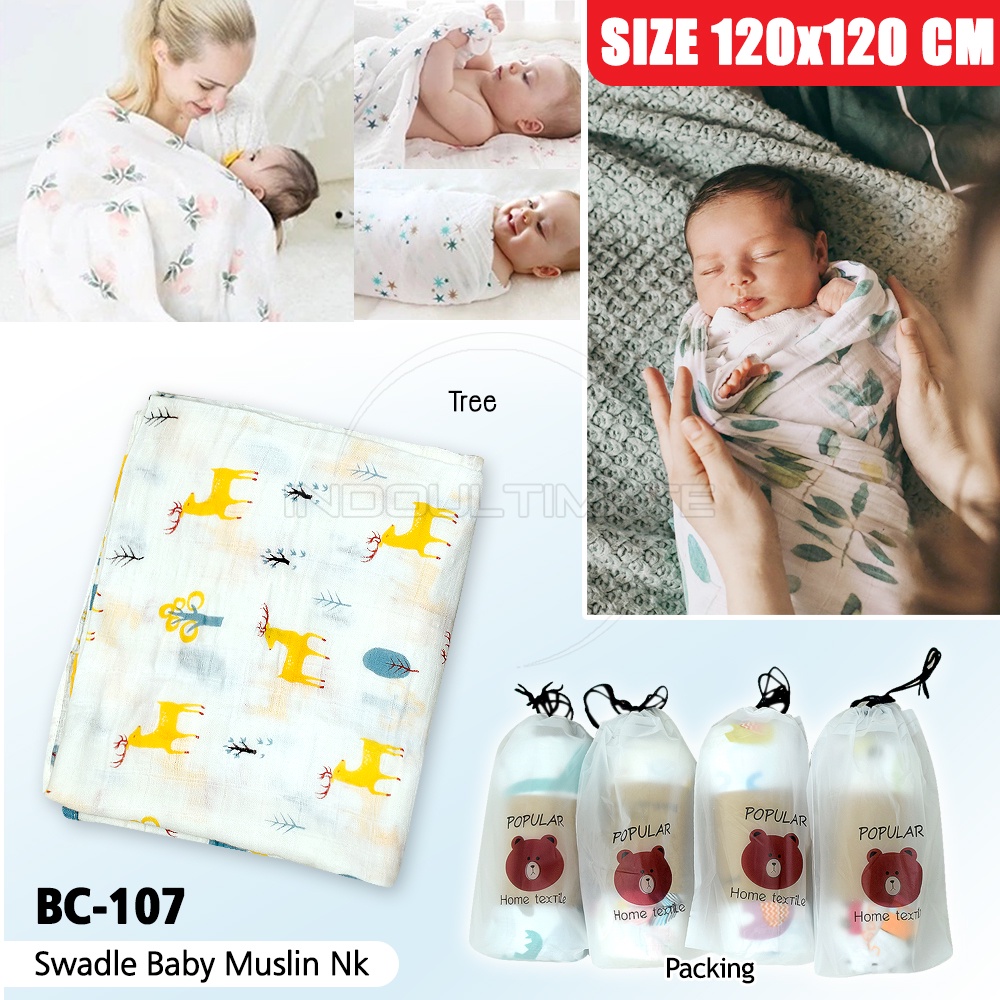 (120 x 120 CM) Selimut Kain Bedong Bayi Baru Lahir Muslin + FREE POUCH 100% BC-107 Katun Swaddle Baby New Born