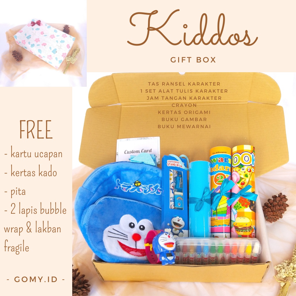 

KIDDOS gomy.id gift box kado hadiah hampers ulang tahun anak anak laki perempuan TK KB playgroup karakter doraemon hello kitty spiderman lucu murah unik estetik