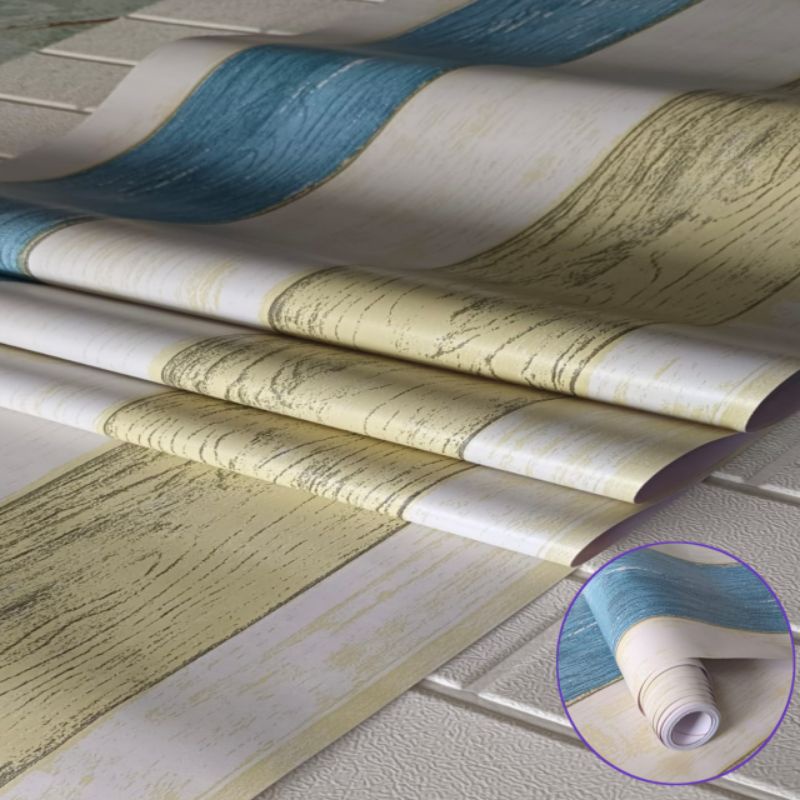 Wallpaper Dinding Stiker Dinding Motif Kayu Papan Warna Kream Biru Putih Mewah Premium Kekinian Coco