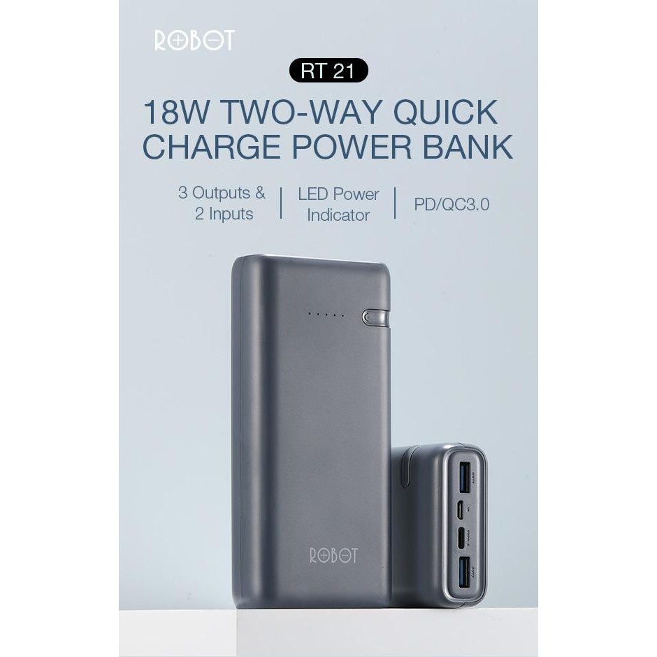 PROMO~Powerbank ROBOT 20000 mAh RT21 Led Dual Port USB Quick Charge Fast Charging / POWER BANK ROBOT RT22 Fast Charging 20000mAh Dual Port Input &amp; Output LED Indicator- Garansi Resmi