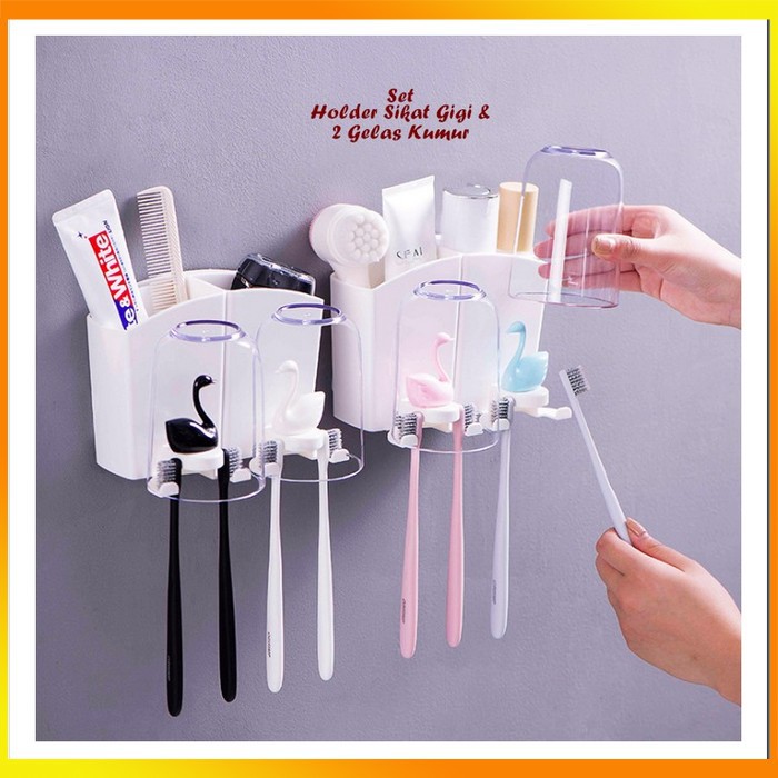 MS - SWAN# Set Sikat Gigi & 2 Gelas Kumur Holder gantung serbaguna