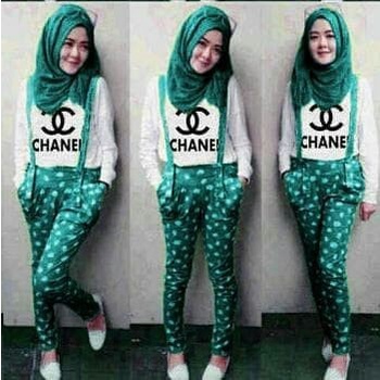 (PROMO) Hijab Overall Polka Chanel Set / Baju Wanita Muslim / Setelan Wanita - Hijau tosca