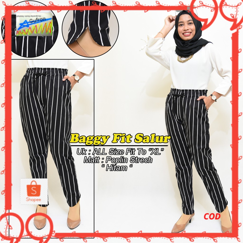 celana cewek salur Baggy Fit Salur  Celana Salur