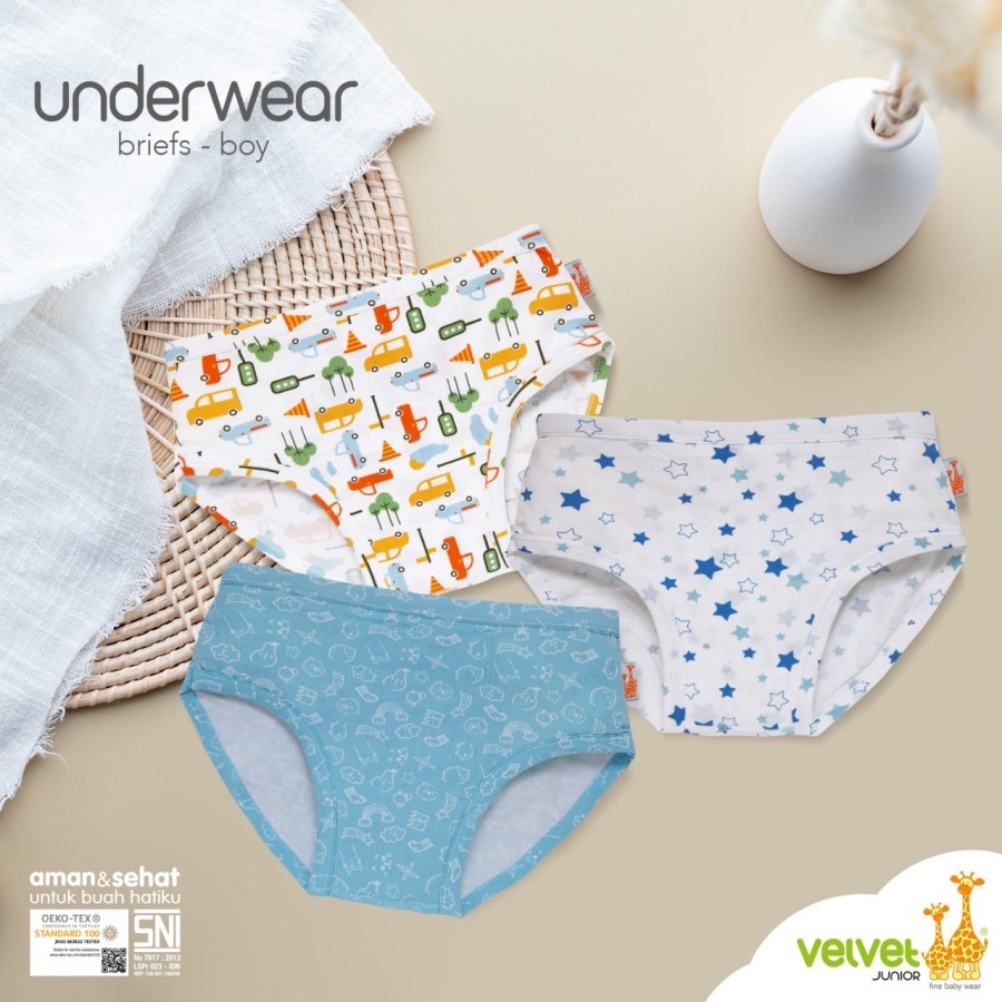 Velvet Junior Boy Underwear Brief Print Blue Star 3pcs Celana Dalam Anak Laki Laki