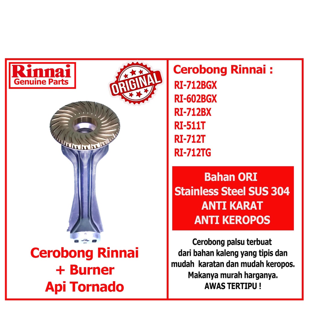 Cerobong Burner Kuningan Kompor Gas Rinnai Kecil Besar Tornado Turbo Burner Rinnai Kuningan Kepala Tungku Kompor Gas Rinnai RI 511E 512E 514E 522E 522ET 522C 522CE 602E 603E 511A 514A 522A 522AT 602A 602AG 712A 511T 712T 712TG 712 602BGX 712BX ORI