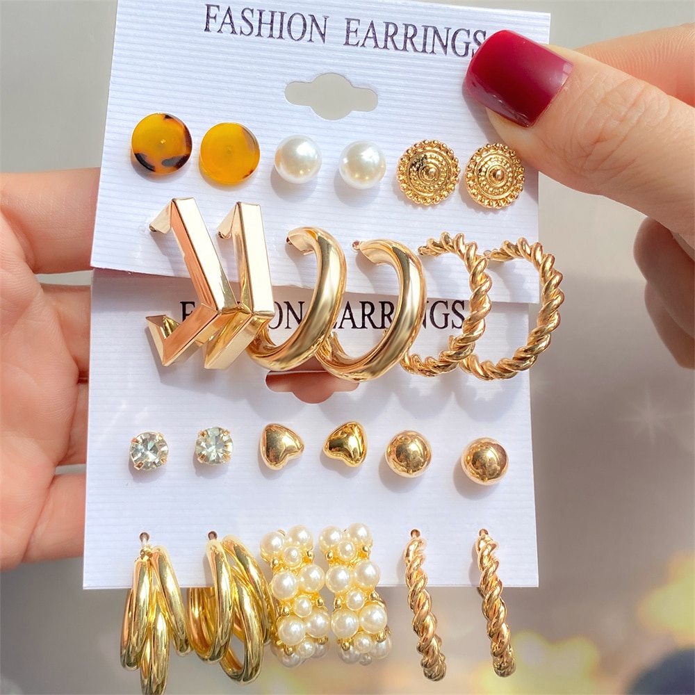 10pcs/set Pearl Metal Drop Earrings Set Fashion Women's Acrylic  Korean Geometric Twisted Metal Round Dangle Earrings Jewelry Party Gift