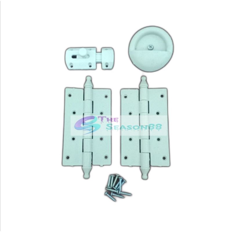 Grendel Plastik Putih + Engsel Plastik PVC + Tarikan Bulat Pintu Toilet