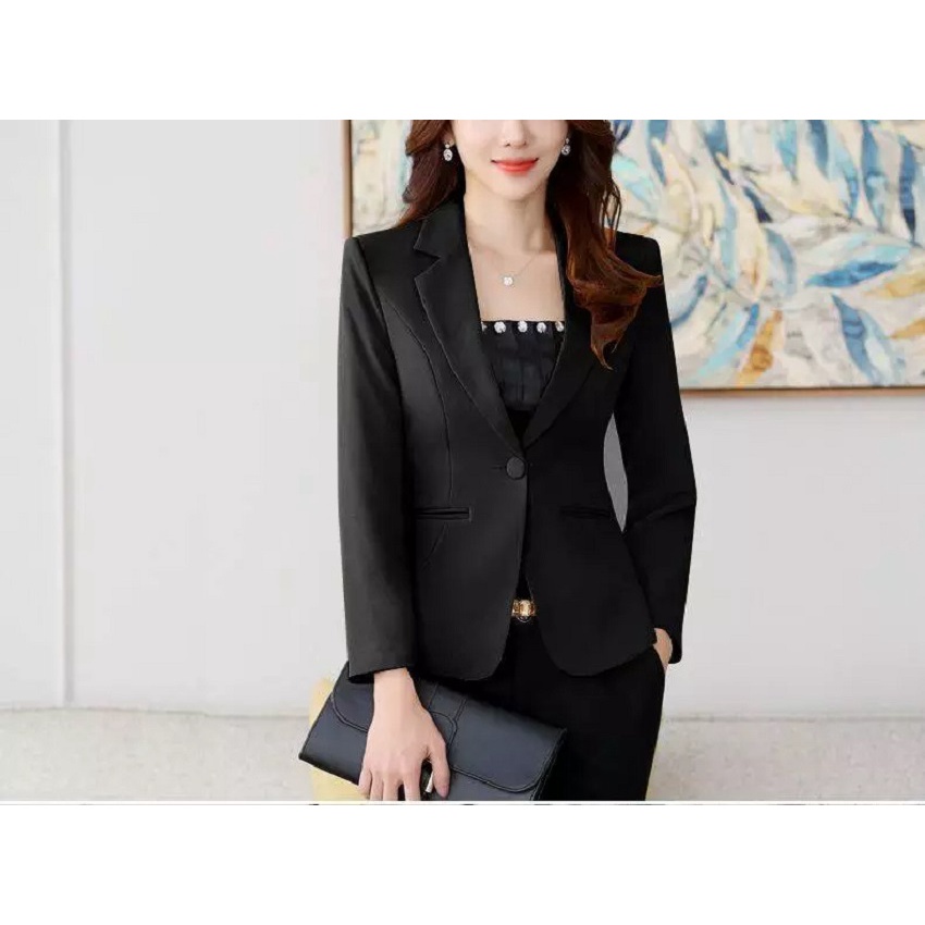 BLAZER KOREA WANITA STYLE BLACK SLIMFIT HIGH QUALITY TWIST FULL FURING DALAM