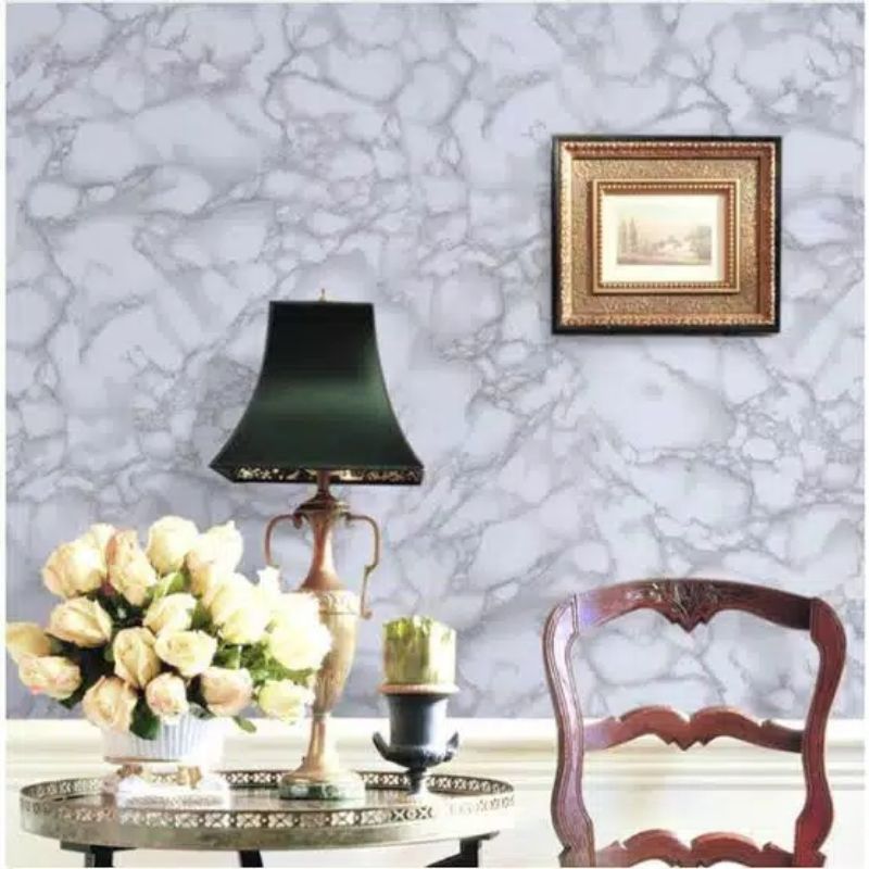 Hot Item - Wallpaper Sticker Dinding Motif Marmer Putih Abu Silver