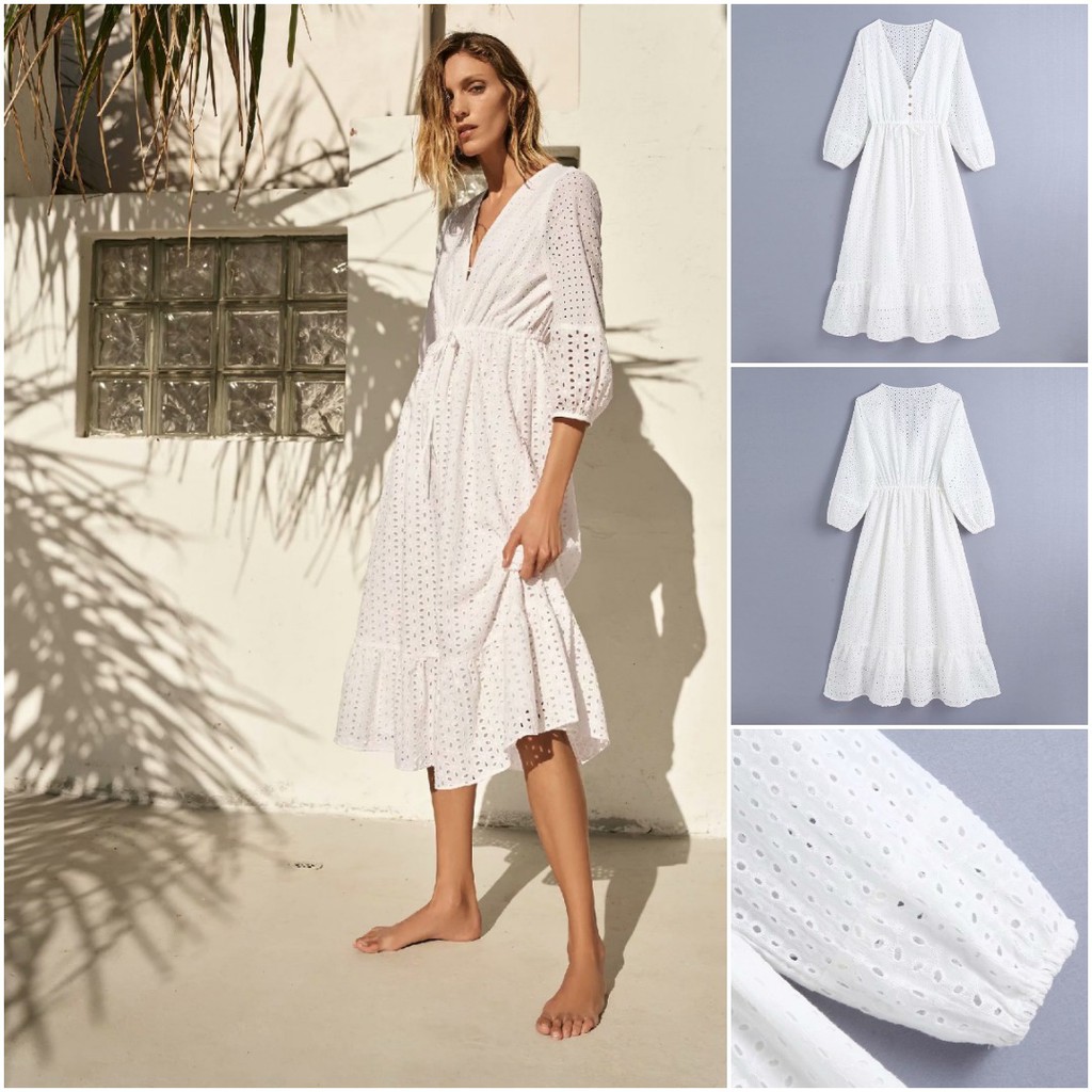 DRESS PESTA PANJANG WANITA WARNA PUTIH GAYA PESTA V NECK PUFF PREMIUM 6VEN1093