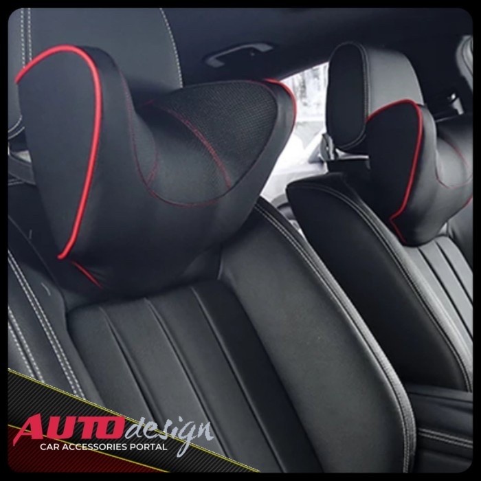 Headrest Bantal Leher Mobil Memory Foam Best Quality - HITAM MERAH, BAHAN KULIT PU