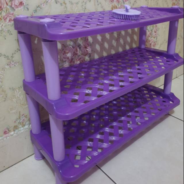 Rak sepatu anyam rotan sintetis 3 susun ungu