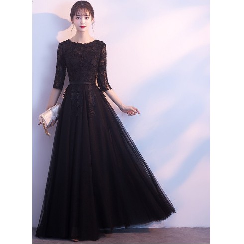 Black Half Sleeve Elegant evening Dresses Back Zipper Illusion A-Line Party Dress 2020