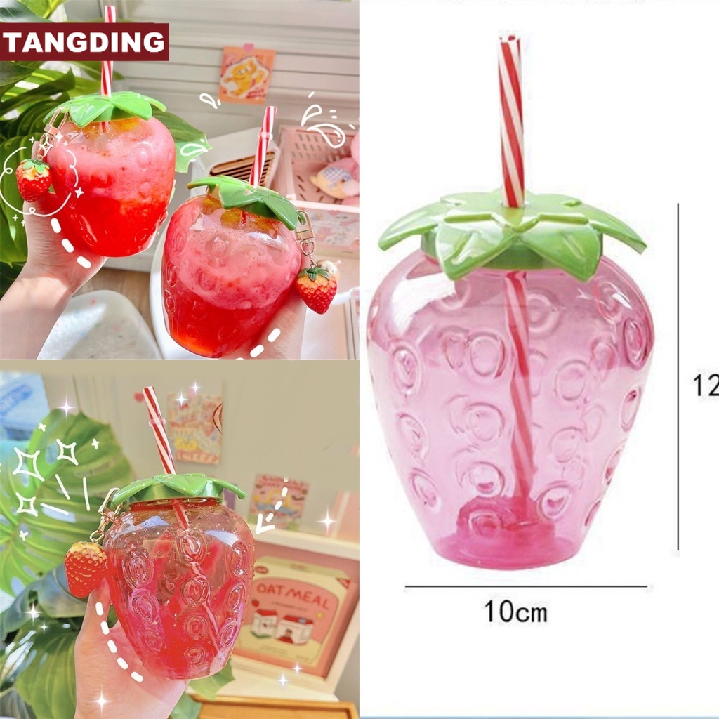 【COD Tangding】Botol Minum Susu Teh Bahan Plastik Motif Strawberry Dengan Sedotan Untuk Wanita