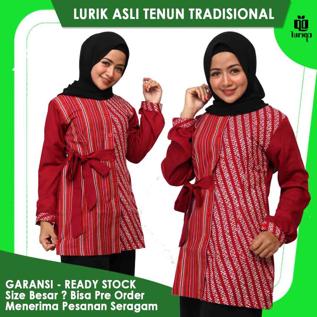 BAJU KERJA WANITA LURIK KOMBINASI BATIK KATUN TOYOBO UNTUK KERJA FORMAL - HABIBAH MERAH