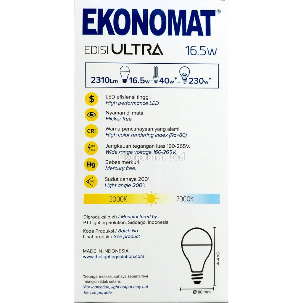 Terlaris Lampu LED Ekonomat ULTRA 2310 Lm 165W 5000K Warna Matahari Bohlam Limited