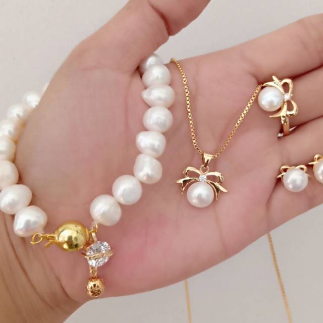 Perhiasan set mutiara tawar asli lombok , Perhiasan Mutiara Lombok asli Murah