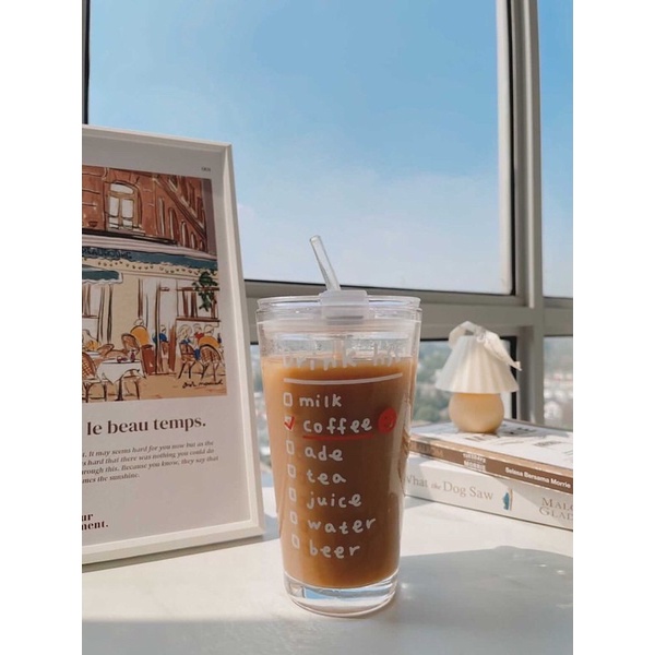 Coffee Tumbrl Glass | LA COULEUR Typography Text Glass Cup with Lid Transparent / Gelas Transaparan dengan Tutup Teks Tulisan Ilustrasi Korea Jepang Bottle Botol Air Aesthetic GELAS MUG KACA / GELAS TUMBLER / gelas  gelas lucu gelas unik tumbler coffee-1