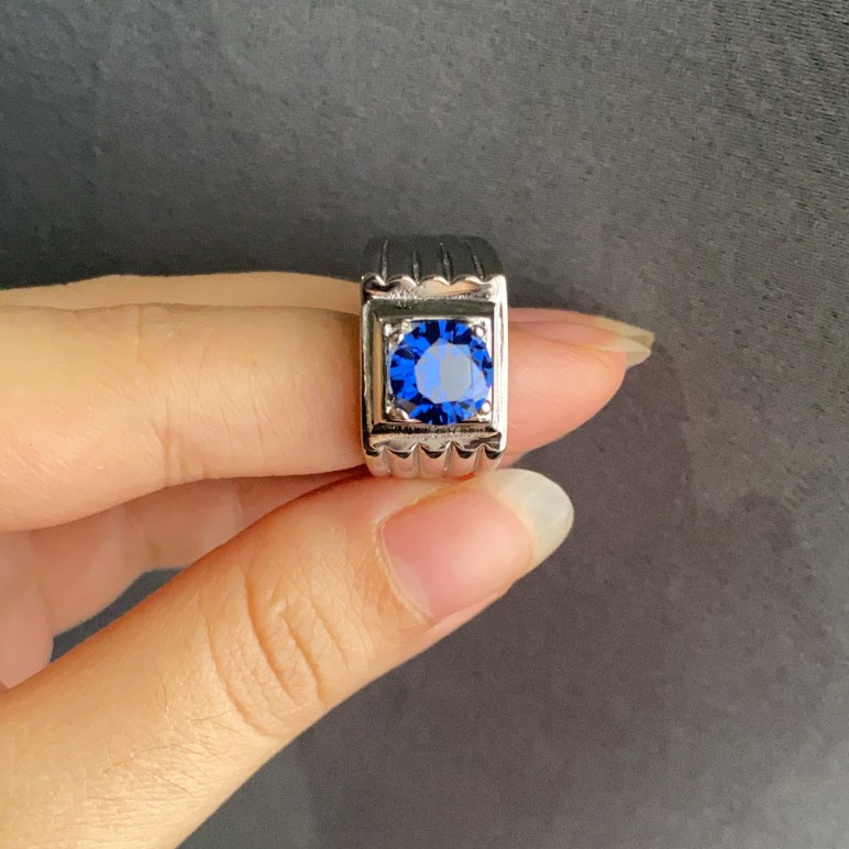 Cincin Kawin / Tunangan / Cincin Single Pria Cowok Titanium 316L Blue Zircon AAA CP001