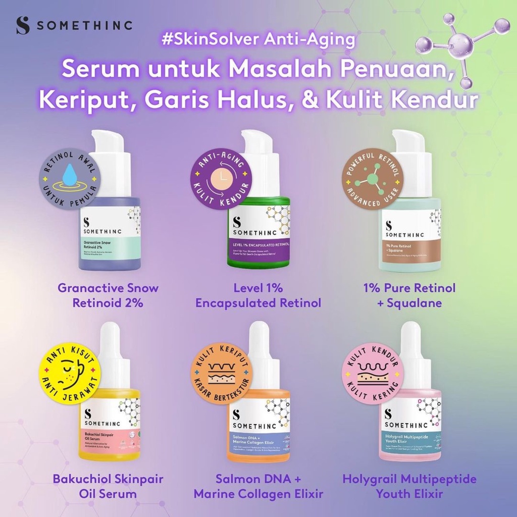 SOMETHINC Face Serum Indonesia / Skin Solver Brightening Acne Anti Aging Barrier Hydrate / Niacinamide Retinol Peeling Aha Bha Pha Hyaluronic 24k Gold Bakuchiol / Skincare Body Care Make Up Cleanser Essence Toner Ampoule Eye Cream Gel Sunscreen Mask Paket