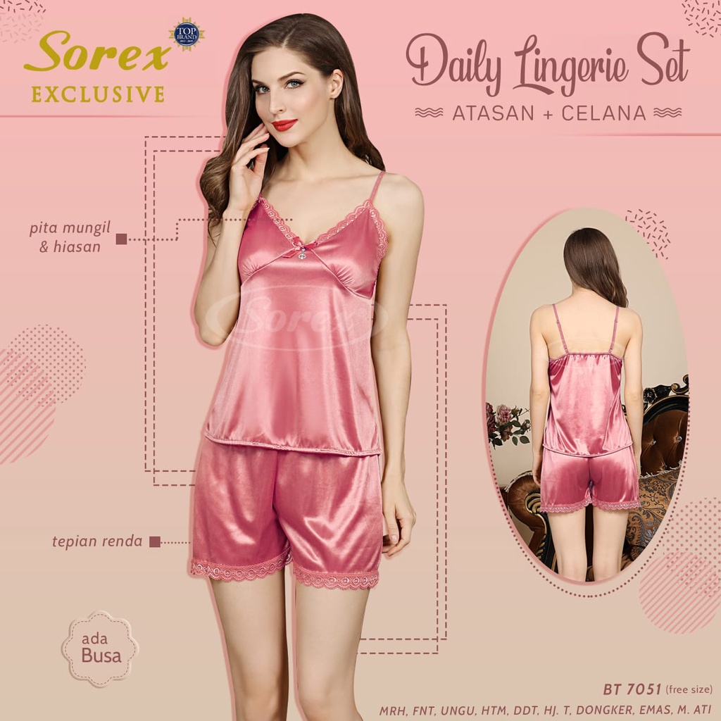 Sorex Lingerie Lovely Series Baju Tidur 1 Set Atasan+Celana Set Renda Premium Satin Look BT 7051