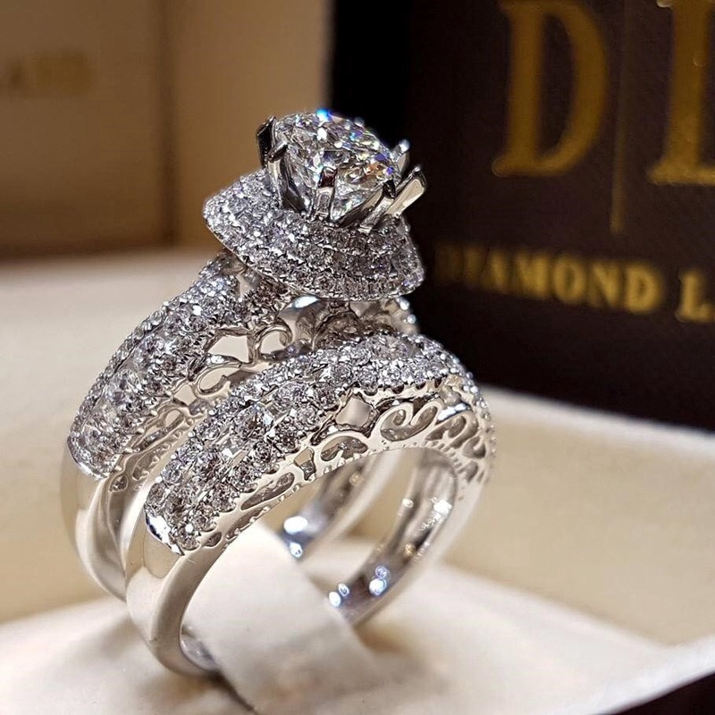 Baru Double-Layer Mikro Bertatahkan Zircon Buatan Diamond Ring Mewah Cincin Pernikahan