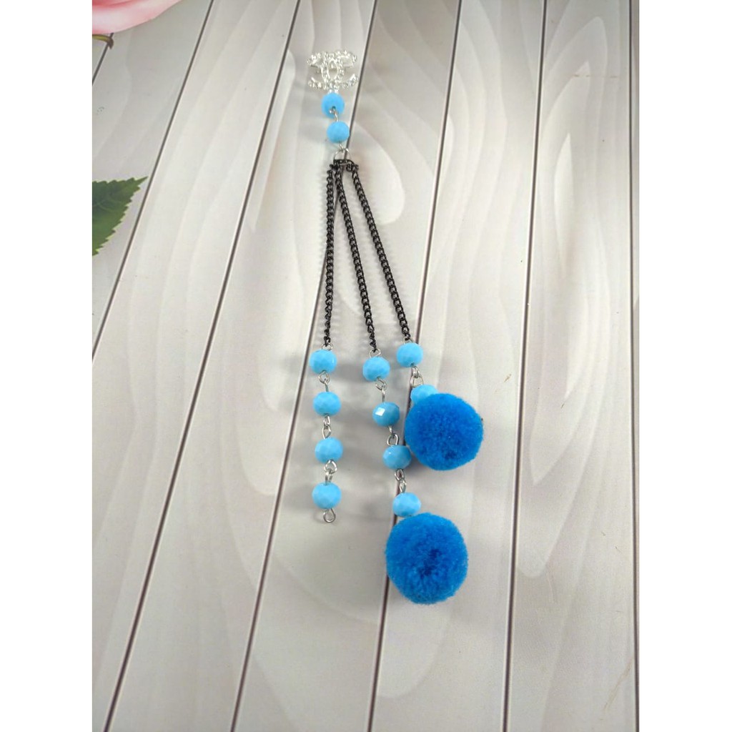 Paket 2 PCS Bros Dagu Juntai Pompom Kristal Rantai Hitam Bross Jilbab Bros HIjab Handmade Fashion
