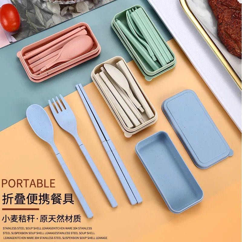 SENDOK GARPU SUMPIT 3IN1 / ALAT MAKAN PORTABLE SET BAHAN PLASTIK JERAMI GANDUM