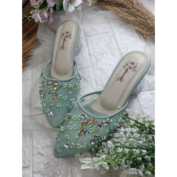 sepatu wedding kekeysa hijaumint tinggi 5cm kaca