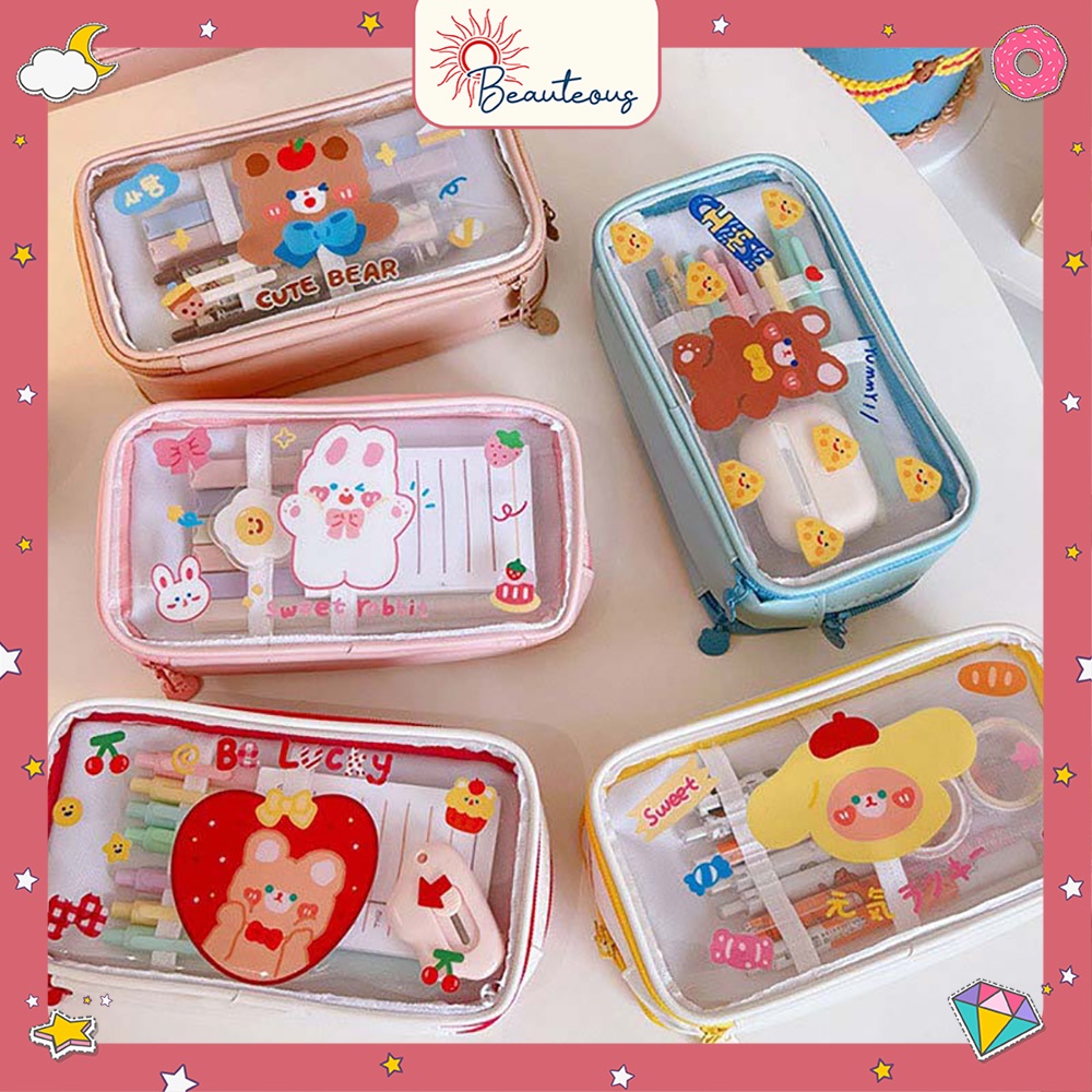 Tempat Penyimpanan Pensil Kosmetik Pouch Transparan Motif Lucu Serbaguna