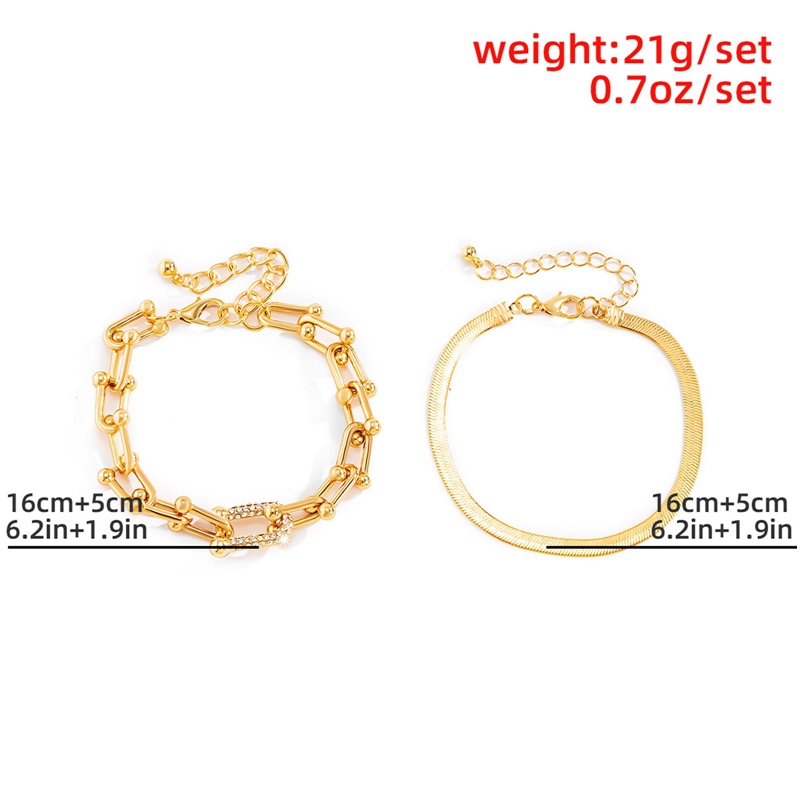 2pcs / Set Gelang Rantai Bahan Tembaga Warna Emas Aksen Kristal