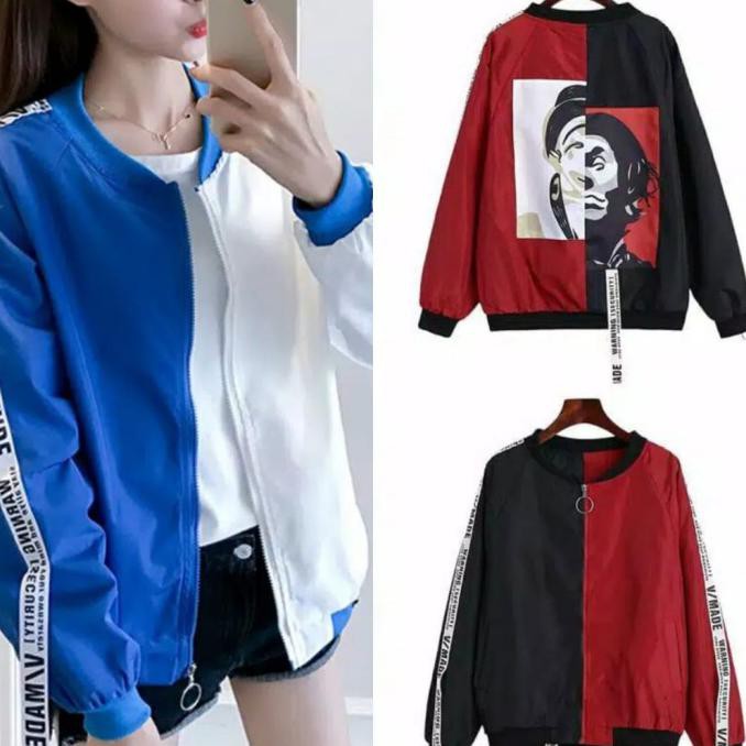 Produk Terbaru Jaket Bomber Wanita Jaket Crop Tee Premium Jaket Parasut Cewek Premium - Putih Biru