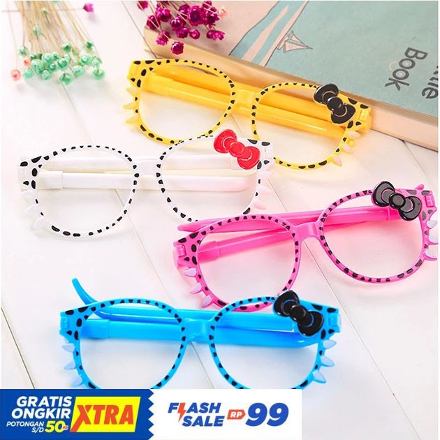 

Pena kacamata hello kitty 2 pcs pena di bagian gagang pulpen bolpen bentuk kacamata