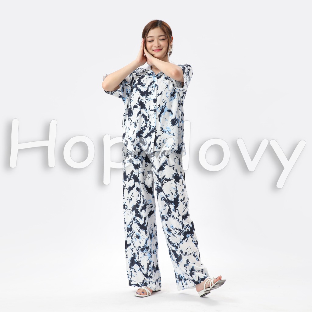 HOPYLOVY - Setelan Wanita Kemeja dan Celana Panjang Motif Tie Dye Kyodai Premium