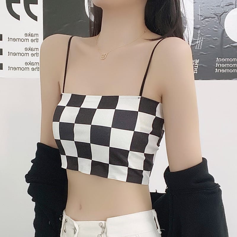 VS - Tanktop Onna Wanita Motif Kotak Bra Wanita Model Papan Catur Pakain Dalam Wanita Crop Top Rajut Ala Korea Murah Import