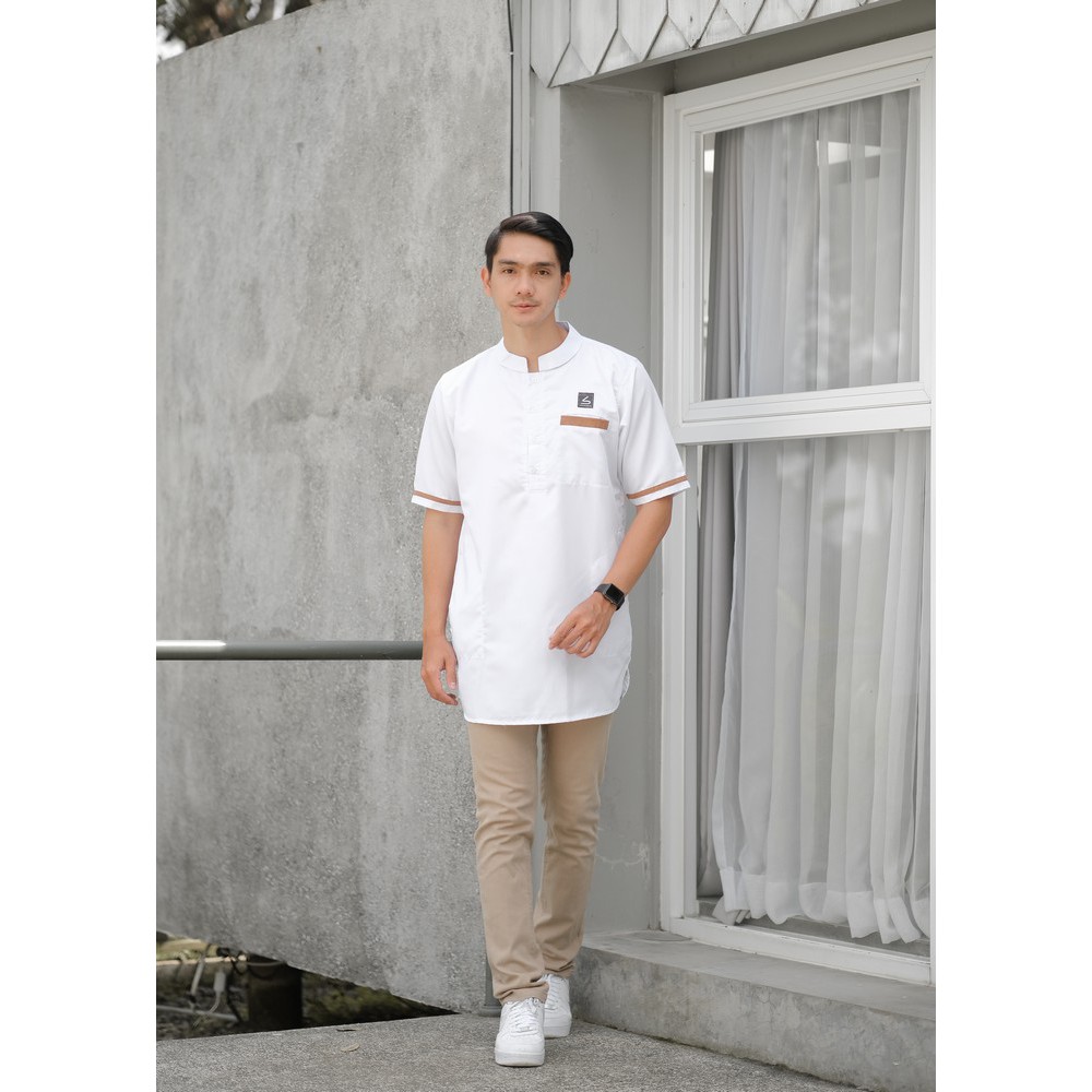 Baju Koko Muslim Pria / Baju Koko Kurta Kasual Muslim Gratis Ongkir + COD - Soleh Abu Bakar White