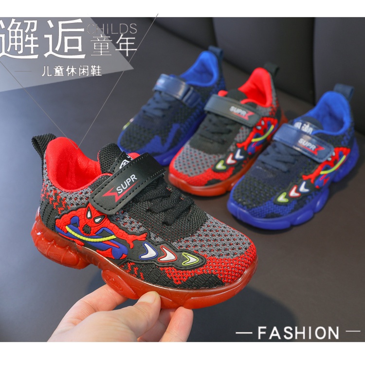 Sepatu Sneaker Anak Laki Laki - Sepatu Anak Perempuan Ultra Light Super LED Sport Import SUPR SPIDERMAN 2 Running Shoes