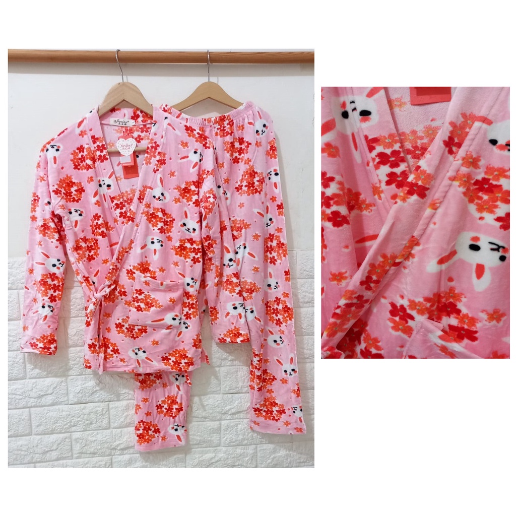 Piyama Wanita Baju Tidur Wanita Bludru Rabbit Flower