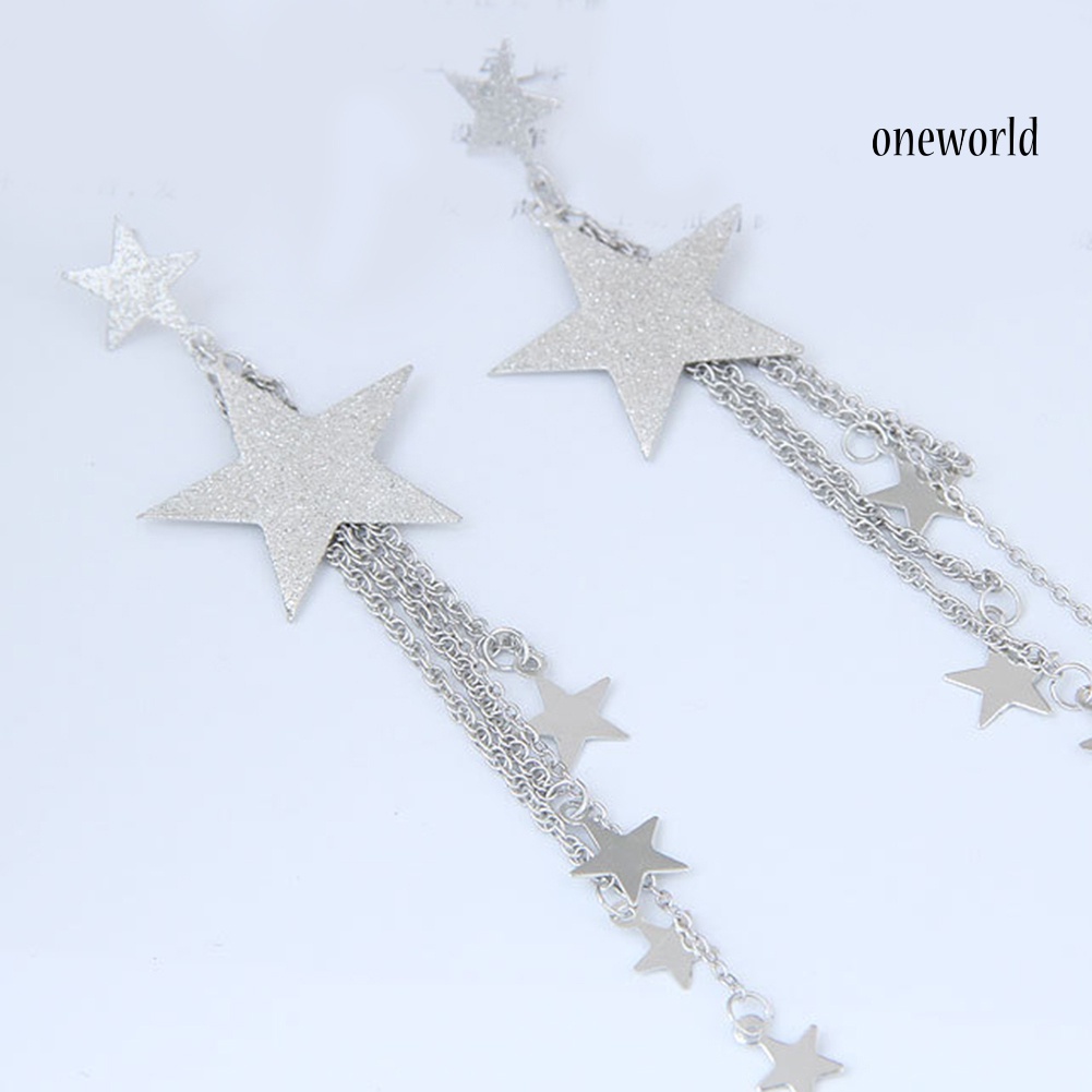 OW@ Women Five-Pointed Star Long Tassel Dangle Stud Earrings Piercing Jewelry Gift